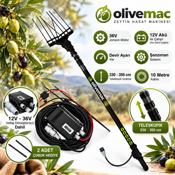 Olivemac Zeytin Hasat Makinesi 230-350 cm Teleskopik 12V